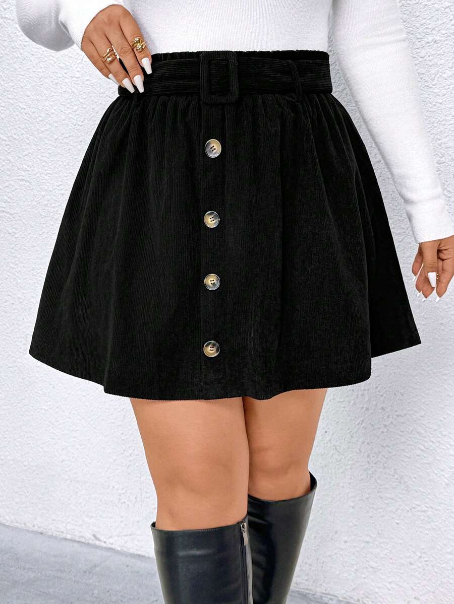 Elenzga Plus-Size Casual Black Button-Decorated A-Line Skirt,Women's Smart Casual Autumn Everyday Back-To-School Elegant Short Skirt For Office Party Wedding - Black - View 1