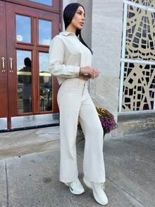 Carolina Barros 女式休闲短款领上衣和宽松牛仔裤套装 - 卡其色 - 查看 3