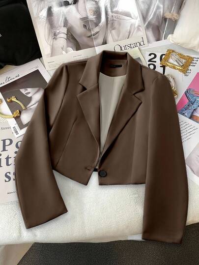 Franclia Blazer corto casual/de trabajo de mujer de unicolor, con cuello de solapa, manga larga y un solo botón