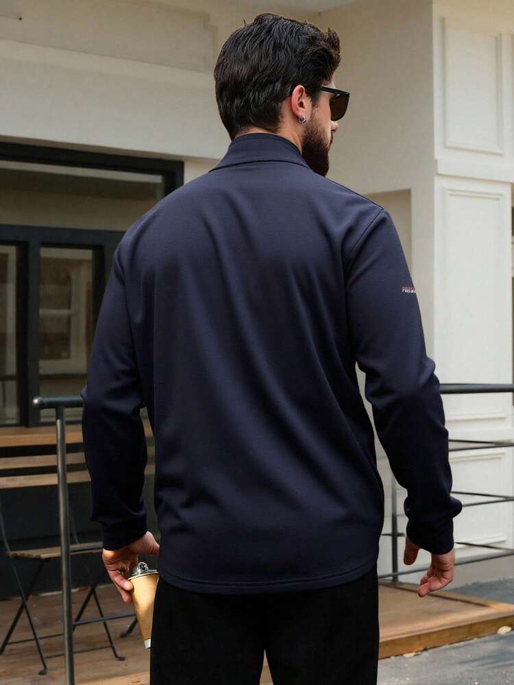 Men's Slim Fit Navy Blue Letter Embroidered Half-Zip Half-Turtleneck T-Shirt, Autumn