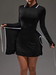 Dewbera 女士户外运动Polo领长袖连衣裙配短裤，黑白配色，带手机口袋 - 黑與白 - 查看 6