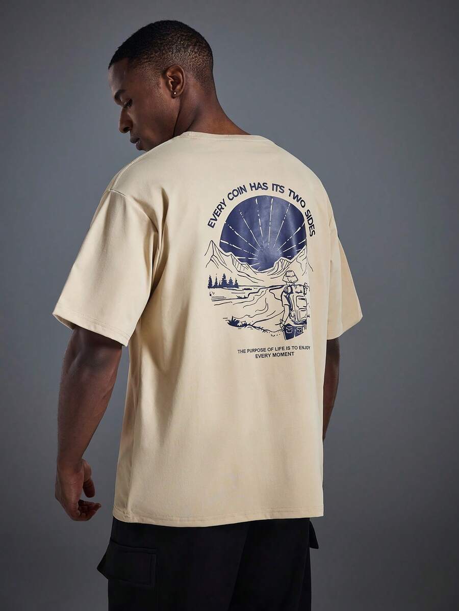 Driftmere Men's Casual Versatile Nature & Outdoor Element Printed All-Match Short Sleeve T-Shirt, Spring/Summer, Outdoor Graphic Spring To Summer, Men Comfort And Soft Sports T-Shirts, Athleisure Style, Sporty Fashion - Apricot - View 1