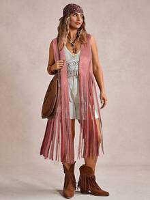 Freevana Autumn/Winter Brown Tassel Bohemian Style Country Music Festival Long Sleeveless Women Casual Coat Vacation Outfits Woman Vacation Outfits Woman - Pink - View 5