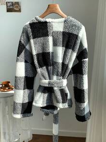 SHEIN EZwear 女士纯色前系带长袖格子风衣外套，休闲日常穿着 - 彩色 - 查看 2