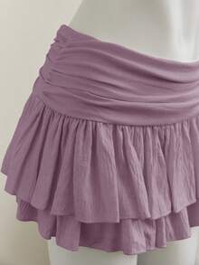 Elamini 米色褶皱高腰低腰双层雪纺半身裙，度假风迷你裙 - 紫色 - 查看 3