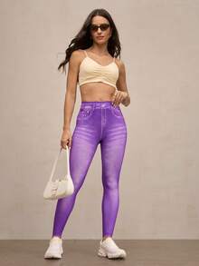 Activina Women's Fashionable Elastic Denim Effect Print Leggings - Purple - View 5