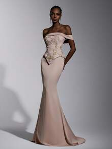 Elitara 优雅、迷人、时尚、色彩缤纷、亮片刺绣缎面滚边、露肩设计、落肩袖、二合一款式、带拖尾的美人鱼裙摆。适合婚礼宾客、各种正式场合、情人节和晚礼服。 - 卡其色 - 查看 7