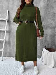 SHEIN LUNE Vestido de punto de cuello alto de manga larga negro para mujer de talla grande, vestido de suéter versátil y casual para otoño/invierno