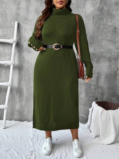 SHEIN LUNE Plus Size Women's Black Turtleneck Long Sleeve Dress, Casual All-Match Versatile Knit Sweater Dress For Autumn/Winter