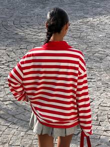 Muchica Women's Casual Red Striped Letter Print T-Shirt For Going Out Outfits, Back To School, Streetwear, Y2K Clothes, Autumn Clothes, Striped Long Sleeve,Graphic Tees - Red and White - View 2