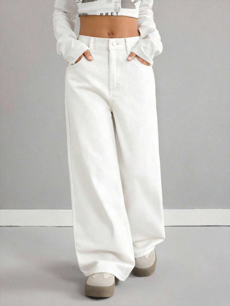SHEIN بنطلون جينز واسع الساق بتصميم مرن وفضفاض بلون أحادي للفتيات المراهقات - أبيض - مشاهدة 1