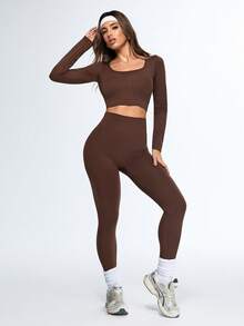 SHEIN Sports Women's Solid Color Scoop Neck Long Sleeve Top And High Waist Skinny Pants Activewear Set - Coffee Brown - View 4