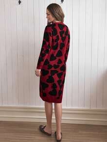 Isle Nomé Women's Autumn/Winter Fashion Heart Jacquard Knit Sweater Dress - Red - View 2