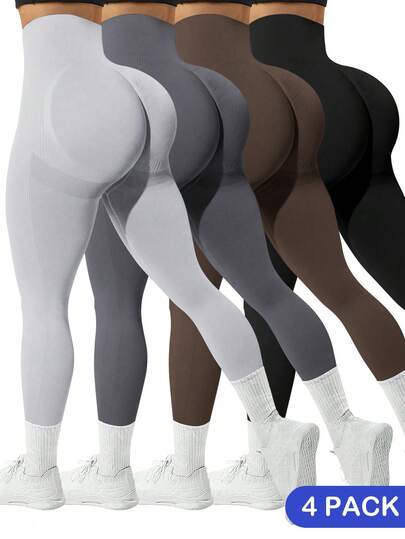 Easithlete Set de 4 mallas deportivas elásticas sin costuras de cintura alta, unicolor