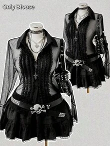 Sunspun Party Fall Autumn And Winter Plus Size Vintage Dark Style Lace Trim Blouse - Black - View 1
