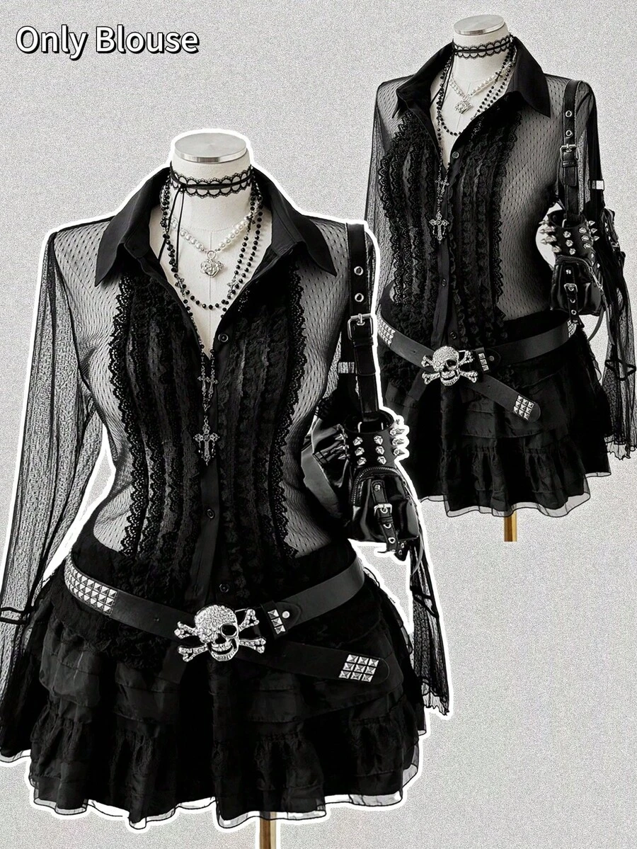 Sunspun Party Fall Autumn And Winter Plus Size Vintage Dark Style Lace Trim Blouse - Black - View 1