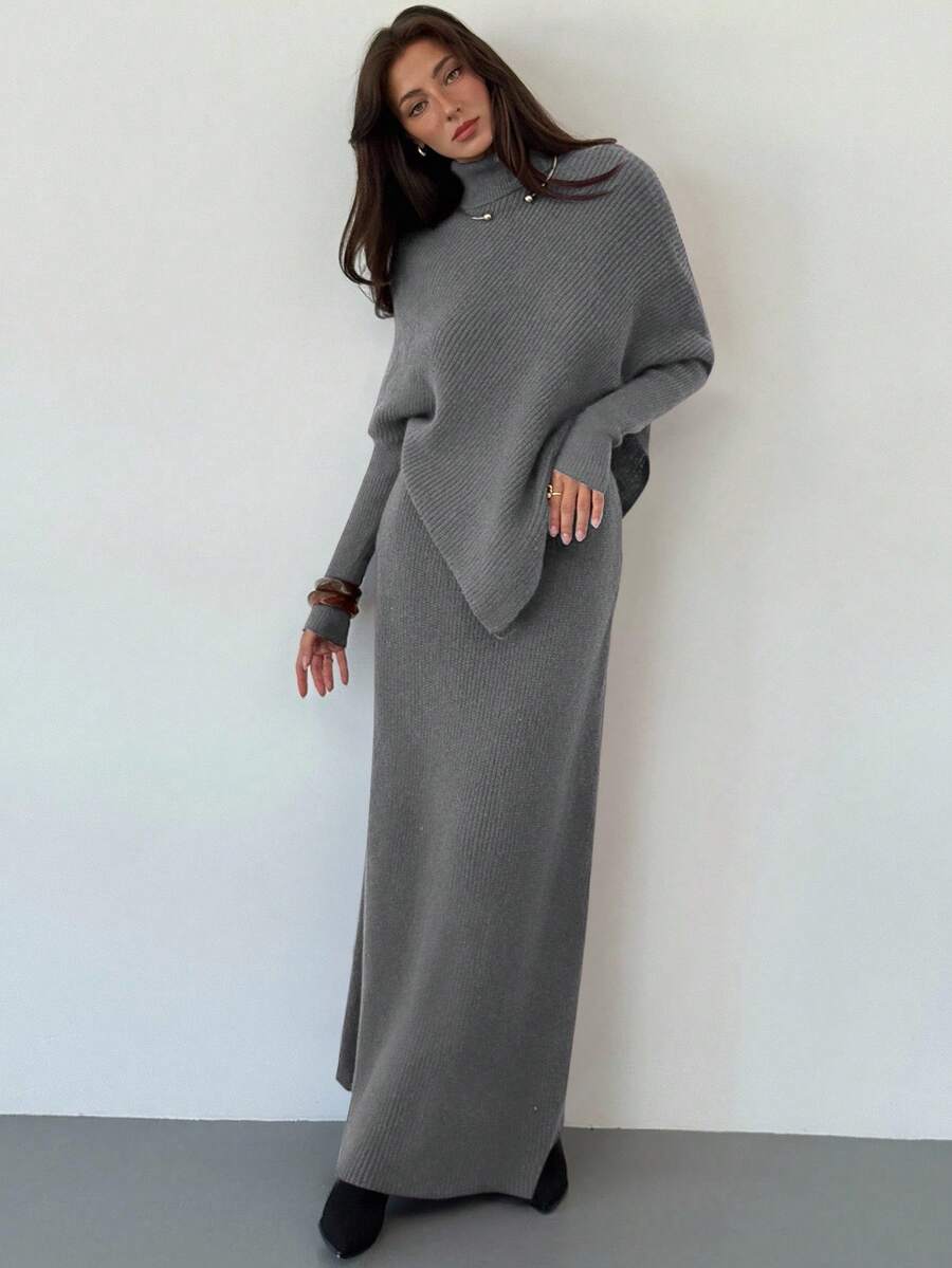 Aloruh Bộ 2 món áo len dệt kim màu tím dày mùa đông mới cho nữ, áo len dáng rộng, váy liền thân - Xám - Xem 1