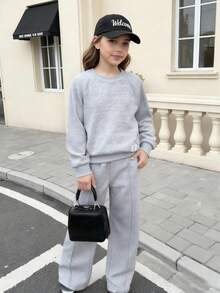 Genkimix Kids 两件套女童时尚灰色圆领长袖上衣和阔腿裤，饰有蝴蝶结，秋冬季 - 灰色 - 查看 3