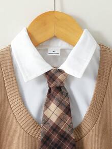 SHEIN 女童二合一短袖衬衫和格子百褶裙休闲套装 - 棕色 - 查看 3