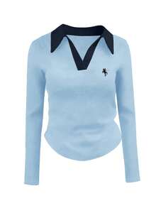 INAWLY 大码女式骑士印花撞色领长袖休闲T恤 - 淺藍色 - 查看 1