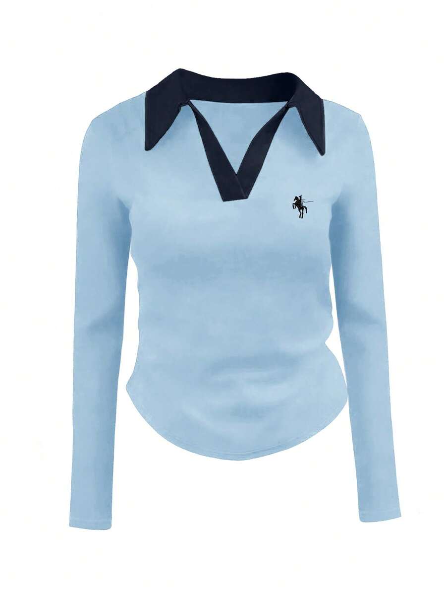 INAWLY 大码女式骑士印花撞色领长袖休闲T恤 - 淺藍色 - 查看 1