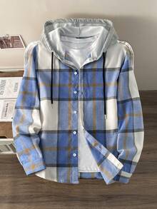 Manfinity Joysei Men's Casual Plaid Drawstring Hooded Shirt, Spring/Autumn, For Fall - Multicolor - View 4