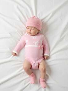 Baby Girl Casual, Fashionable And Cute Pink With Bow Pattern, Three-Dimensional Bow Decoration, Knitted Sweater Bodysuit, Soft And Comfortable, Suitable For Daily Scenes, Scenes, Travel Scenes Cozy Pixies Baby Girl Set Baby Girl Pink Romper Baby Girl Long Sleeve Romper Pink Bow Baby Outfit Newborn Baby Girl Clothes Winter Baby Girl Suit In Pink New Born Baby Girl Clothes Winter - Pink - View 5