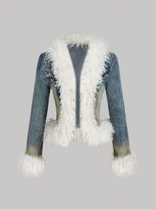 SHEIN MOD Women's Fluffy & Denim Patchwork Jacket - Multicolor - View 1