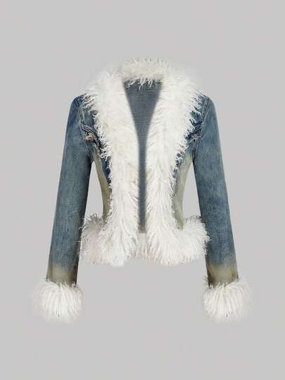 SHEIN MOD Women's Fluffy & Denim Patchwork Jacket