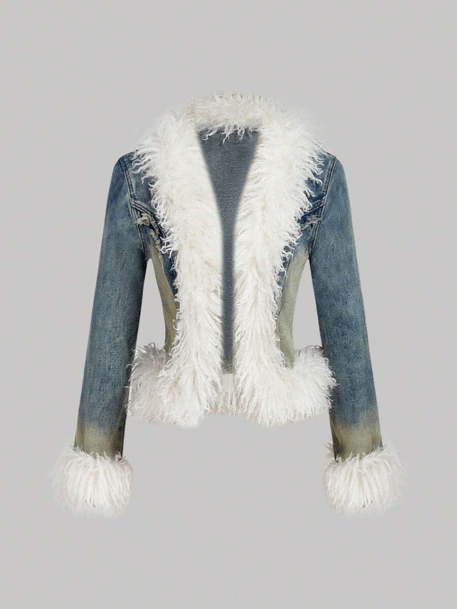 SHEIN MOD Women's Fluffy & Denim Patchwork Jacket - Multicolor - View 1