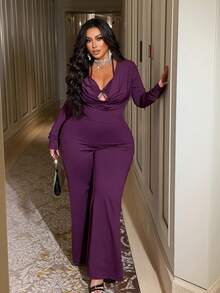 NU&NOW Plus Size Solid Color Minimalist Long Sleeve Jumpsuit, Everyday Wear - Purple - View 2