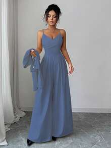 Elenzga 新款女式梭织面料细肩带露背可调节肩带阔腿连体裤，缺口领长袖夹克，通勤百搭优雅年轻女士两件套，秋冬 - 中等水洗藍 - 查看 6