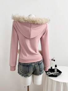 Elamini 女士白色外套，秋冬季款，抓绒面料，撞色刺绣毛领，带口袋，罗纹饰边，金属拉链，休闲通勤款。 - 淺粉色 - 查看 2