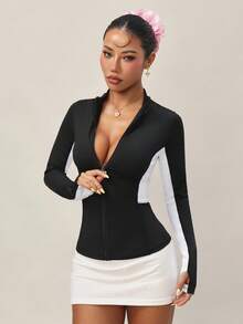 Dewbera 女士撞色长袖拉链修身运动夹克 - 黑與白 - 查看 7