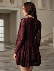 Anewsta Savoree Fashionable Lace Hollow Out Fitted Knit Dress, Elegant Party Dress, Loose Short Style Suitable For Christmas, Thanksgiving Outfit - Burgundy - View 3