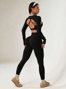 Dewbera Bộ đồ thể thao hai dây trơn màu + Áo dài tay hở lưng + Quần bó cạp cao cho nữ - màu đen - Xem 2