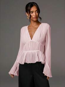 Athîral 女士优雅通勤纯色喇叭袖上衣 - 淺粉色 - 查看 3