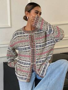 DAZY Women's Contrast Color Jacquard Loose Long Sleeve Round Neck Placket Elegant Formal Knit Cardigan, Autumn/Winter