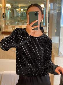 Livesso Élégant T-shirt rond noir à paillettes pour femmes, convient pour les banquets à manches longues