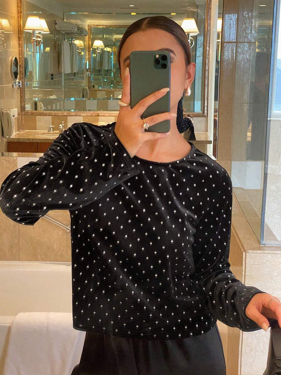 Livesso Élégant T-shirt rond noir à paillettes pour femmes, convient pour les banquets à manches longues