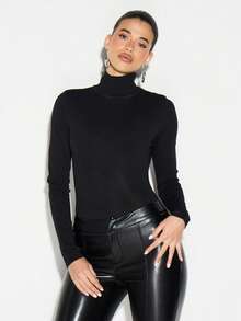 KIZN Ribbed Knit Long Sleeve Turtleneck Bodysuit Fitted Form Fitting Solid Basic Winter Fall Essential Layering Piece