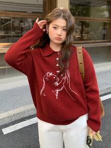 Dazy Plus Valentine Cute Cartoon Cat Jacquard Pattern Turndown Collar Loose Red Christmas & New Year Casual Pullover Sweater For Girls - Red - View 8
