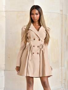 Mima John 卡其色收腰长袖女式风衣，女式风衣，秋季女式连衣裙 - 卡其色 - 查看 1