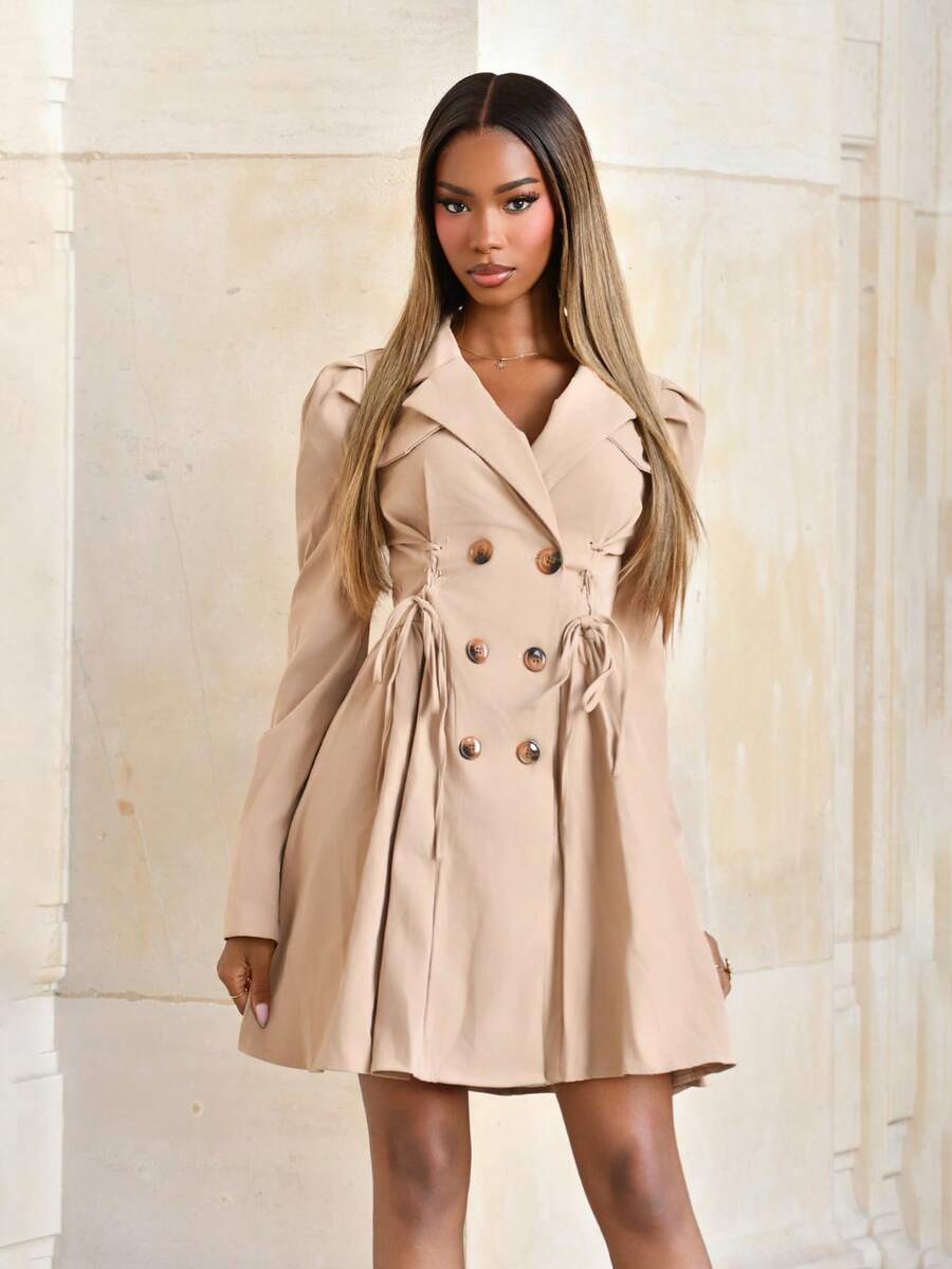 Mima John 卡其色收腰长袖女式风衣，女式风衣，秋季女式连衣裙 - 卡其色 - 查看 1