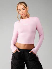 Missguided x Playboy Crop top de cuello redondo de manga larga con detalle de logo bordado para uso casual diario en otoño e invierno - Rosa - Ver 1
