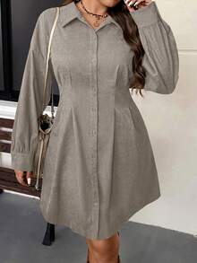 SHEIN VCAY Gaun Kasual Bergaya Vintage Model Cardigan dengan Ikat Pinggang untuk Musim Gugur/Dingin Ukuran Besar - Grey - View 1