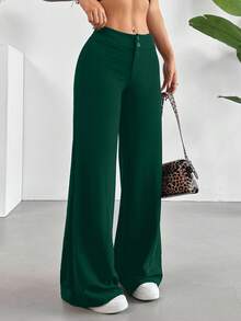 SHEIN Tall CURVE 大码休闲纯色低腰阔腿裤 - 軍綠色 - 查看 3