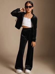 Radiana Tween Girls' Velvet Hooded Cardigan & Pants Sporty Casual Set - Black - View 3