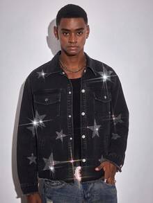 ROMWE MEN Men's American Street Style Star Rhinestone Denim Jacket - Black - View 1