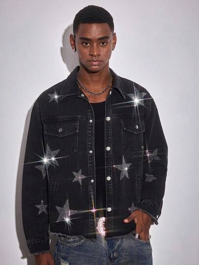 Chaqueta vaquera con estrellas de strass, estilo callejero americano para hombres